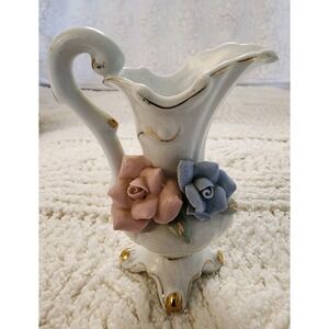 Vintage Mini Porcelain Pitcher Vase Applied Pink Blue‎ Roses Gold Trim Made...